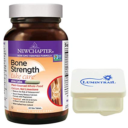 New Chapter Bone Strength Take Care Calcium Supplement   Vitamin K2   D3-60 Slim Tabs Bundle with a Lumintrail Pill Case