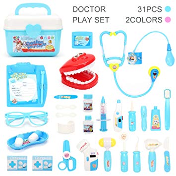 Toy Doctor Kit (31 Pcs) Pretend Play Set for Kids, Doctor Medical Kit and Dentist Medical Kit, Best Kids Gifts Doctor Toys for Boys & Girls - Blue/Pink Colors