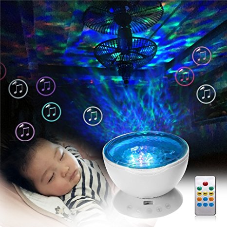 Ocean Wave Projector,SOLMORE LED RGB Night Light with Remote Control,Built-in Music Player/7 Colorful Light Modes/Timing off Function for Baby Kids Bedroom Nursery Birthday Gift(White）