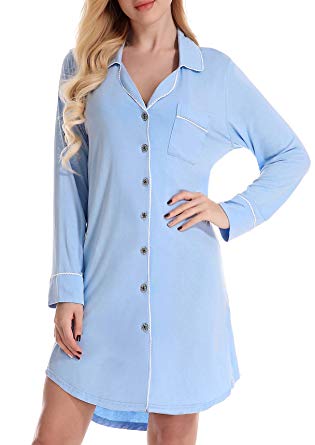 NORA TWIPS Women Long Sleeve Pajama Top Buttom Down Sleep Shirt Dress (XS-XL)