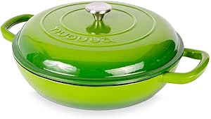 Shallow Cast Iron Casserole with Lid – Non Stick Dutch Oven Pot, Oven Safe up to 500° F – Sturdy Ovenproof Stockpot Cookware – Enamelled Cooking Pot – Green, 5-Quart, 32cm – by Nuovva