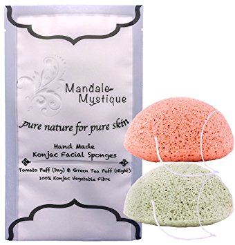 Premium Konjac Facial Sponge - Hand Made From Tibetan Konjac Root - 2 Pack: Day(Tomato)+Nite(GreenTea) - 100% Natural Skin Care by Mandale Mystique - Exfoliate Face - Clear, Smooth Skin, Reduce Acne.