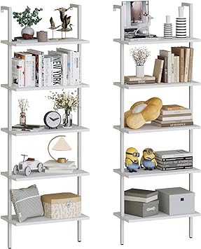 aboxoo Ladder Shelf 2 PCS White Wooden Open Bookshelf 5-Tier Wall-Mounted Wood Rack Industrial Modern Plant Flower Stand Utility Organizer Bookcase Metal Frame Furniture Office Kitchen Bedroom