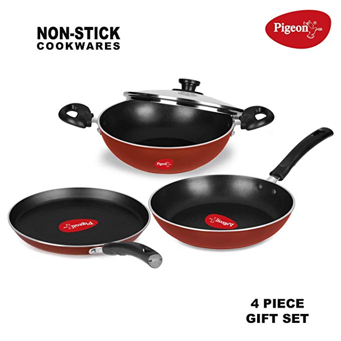 Pigeon by Stovekraft Basics Induction Base Non-Stick 4 PC Cookware Set, Terracotta Brown