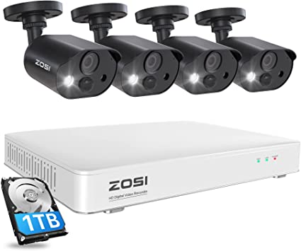 ZOSI C303 Outdoor Indoor Home Security Camera System with Audio, 5MP-Lite 8CH DVR with 1TB Hard Drive and 4 x 1080p Weatherproof Camera with Human Detection Alerts, Smart Light & Sound Alarm