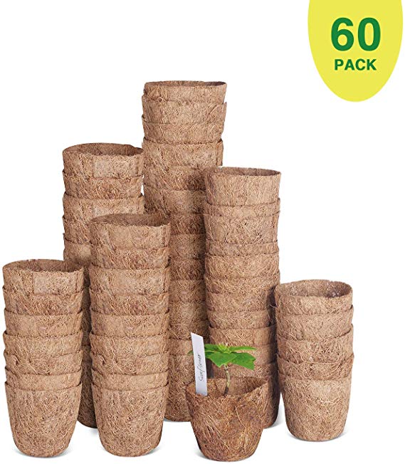 SOLIGT 60 Pack of 3 Coco Coir Seed Starter Pots, Sustainable & 100% Biodegradable Pots Alternative to Peat Pots, Bonus 30 Plastic Plant Markers