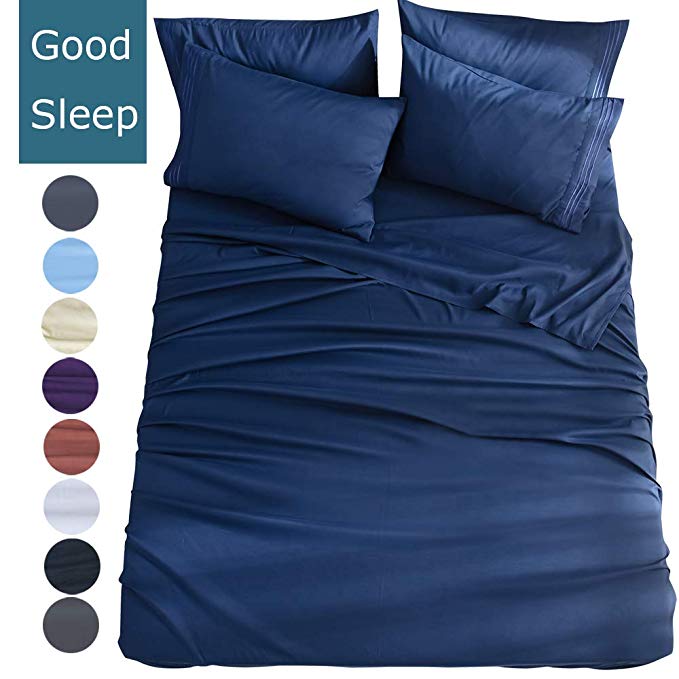 Shilucheng Twin Size 4-Piece Bed Sheets Set Microfiber 1800 Thread Count Percale | 16 Inch Deep Pockets | Super Soft and Comforterble | Wrinkle Fade and Hypoallergenic(Twin,Navy Blue)