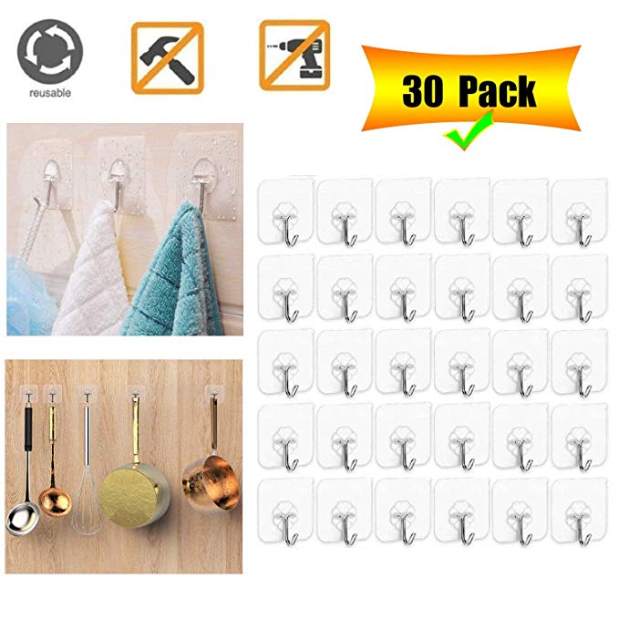 Adhesive Hooks Wall Hanger Hook, Bathroom Kitchen Transparent Reusable Seamless Scratch Wall Hooks for Towel Loofah Bathrobe Coats Ceiling Hanger,Hanging Waterproof Hooks -30 Packs