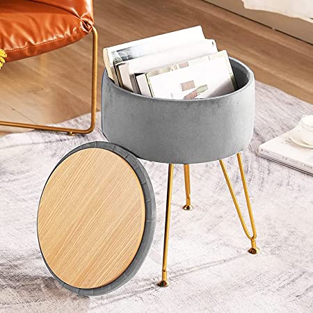 CUYOCA Ottoman with Storage Vanity Stool for Makeup Room, Round Footrest Storage Ottoman with Tray, Velvet Upholstered Foot Rest, Makeup Footstool, Light Grey