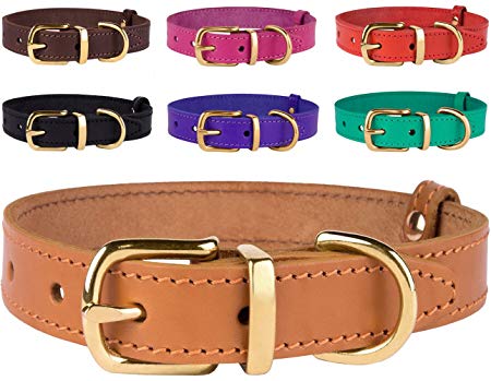 BronzeDog Genuine Leather Dog Collar, Adjustable Durable Collars for Dogs with Brass Buckle Small Medium Large Puppy Black Brown Red Pink Purple Green by
