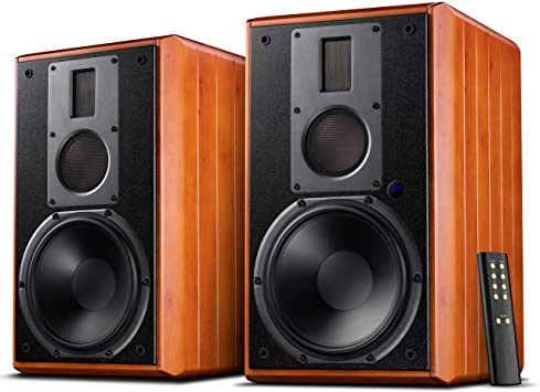 Swans M5A Hi-Fi Active Bookshelf Speakers, Living Room Speaker with 8 inch Woofer, Explosive Bass Sound for Big Room, 3 Way Crossover, Classic Design, Solid Wood Enclosures.