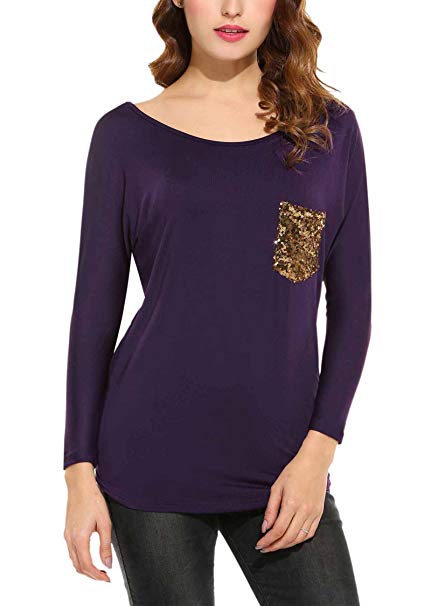 Zeagoo Women's Sequin Pocket Shirts Casual Round Neck Pullover Tunic Tops