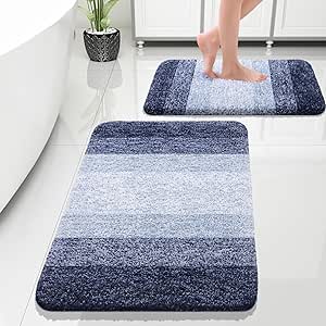 OLANLY Luxury Bathroom Rug Set 2 Piece, Soft Absorbent Microfiber Bath Rug Set, Non-Slip Striped Bath Carpet, Machine Wash Dry, Bath Mats for Bathroom (30"x20" 24"x16", Dark Blue)