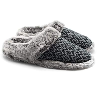 Ofoot Women's Cashmere Knit Slippers,Faux Fur Memory Foam Indoor/Outdoor Shoes