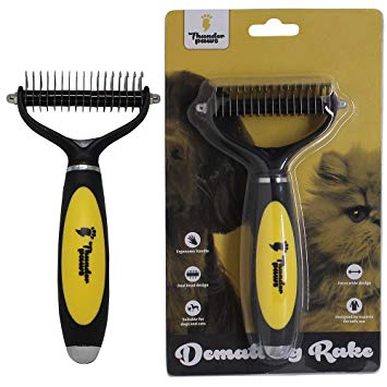 Thunderpaws Pet Dematting Rake - Ergonomic De-matting Comb for Dogs and Cats - Remove Mats and Tangles Coats Safely With Rounded End Blades and Extra Wide Head