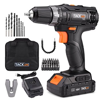 Tacklife 20V MAX 2.0Ah Lithium-Ion Cordless Drill/Driver Set, 3/8" All-Metal Chuck 1 Hour Fast Charger 2-Speed Max Torque 265 In-lbs 19 1 Position with LED, 43pcs Accessories Included, PCD05B