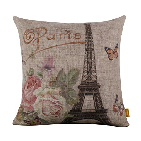 LINKWELL 45x45cm Retro Shabby Chic Pink Roses Paris Eiffel Tower Linen Pillow Case Cushion Cover