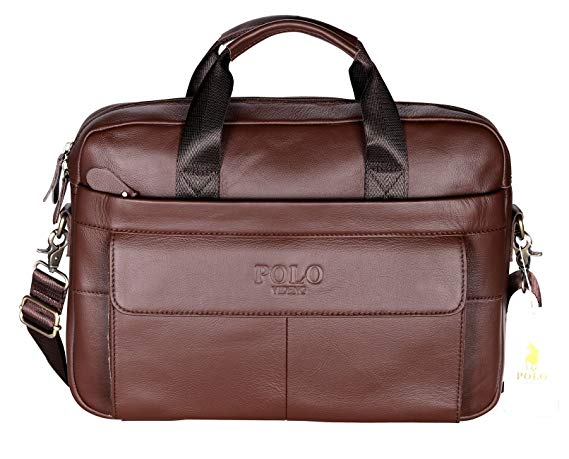 Polo VIDENG Men's Genuine Leather Handmade Briefcase Shoulder Messenger Business Bag for MacBook Laptop (CP-Brown Coffee)