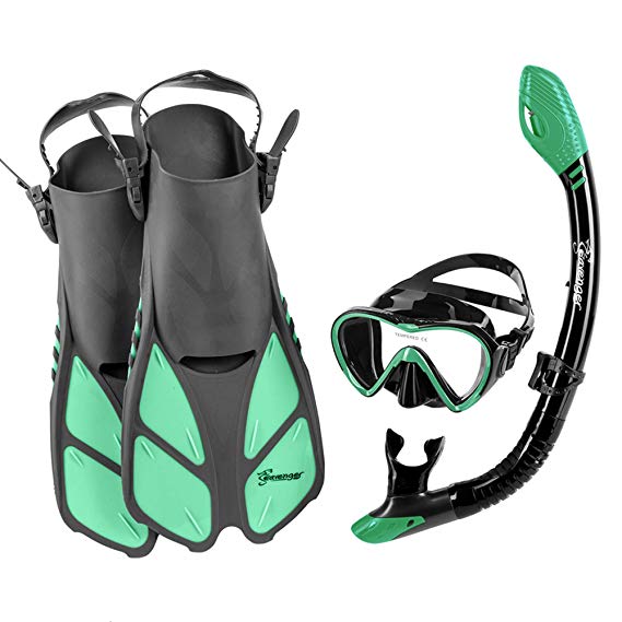 Seavenger Adult and Junior Diving Snorkel Set- Dry Top Snorkel/Trek Fin/Single Len Mask/Gear Bag- Blue/red/Yellow/Black/bs