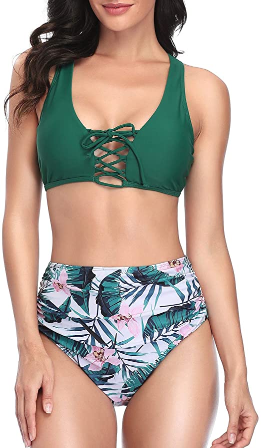Tempt Me Two Piece Lace Up Bikini Set Swimsuit High Waisted Ruched Tummy Control Bathing Suit