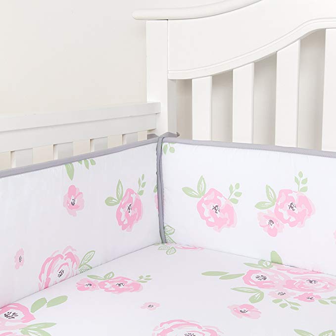 TILLYOU Baby Safe Crib Bumper Pads for Standard Cribs Machine Washable Padded Crib Liner Thick Padding for Nursery Bed 100% Silky Soft Microfiber Polyester Protector de Cuna, 4 Piece/Pink Rose Flower