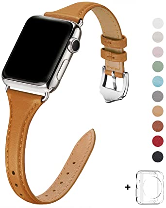 WFEAGL Leather Bands Compatible with Apple Watch 38mm 40mm 42mm 44mm, Top Grain Leather Band Slim & Thin Replacement Wristband for iWatch Series 4/3/2/1 (Light Brown Band Silver Adapter, 38mm 40mm)