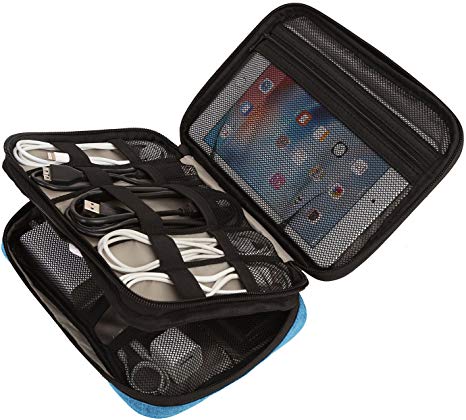 BAGSMART Double-Layer Travel Cable Organizer Electronics Accessories Cases for Hard Drives, Cables, Charge, Kindle, iPad Mini (Lake Blue)