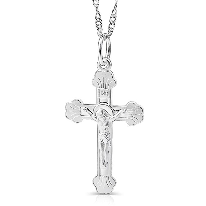 YFN Jewelry 925 Sterling Silver Jesus Christ Crucifix Catholic Cross Charm Pendant Necklace 18''