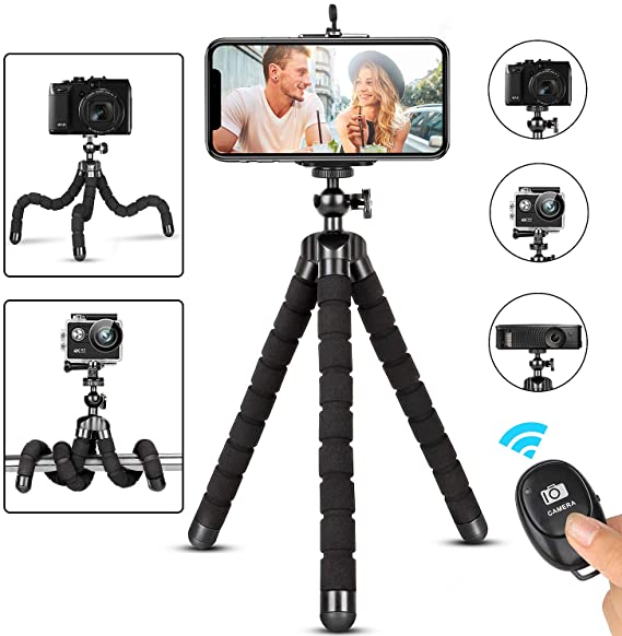 Phone Tripod, Flexible iPhone Tripod and Portable Adjustable Tripod with Wireless Remote and Universal Clip Mount Camera Tripod, Travel Tripod,Tabletop Tripod Compatible with iPhone/Android