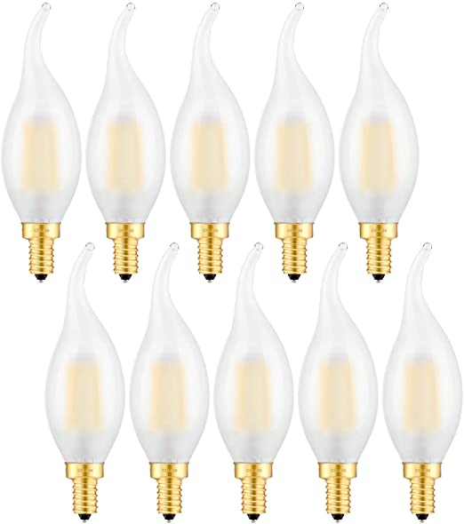 CRLight LED Candelabra Bulb 25W Equivalent 250 Lumens, 3000K Soft White 2W Filament Dimmable LED Chandelier Light Bulbs, E12 Base Vintage Edison C35 Frosted Glass Candle Flame Tip, 10 Pack