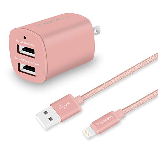 Tranesca Compatible 2.4 Amp Dual USB Port Travel Wall Charger Cube with Foldable Plug Together with Tranesca Compatible Charging Cable for iPhone/iPad/iPod (Rose Gold) Updated Version