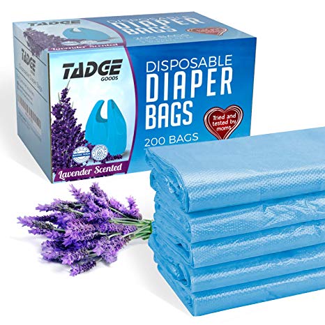 Tadge Goods Baby Disposable Diaper Bags – 100% Biodegradable Diaper Sacks with Lavender Scent & Added Baking Soda to Absorb Odors - 200 Count (Blue)
