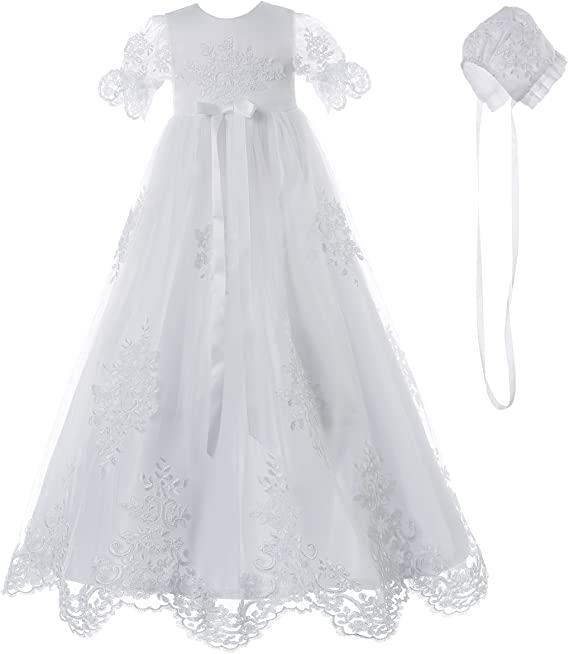 NIMBLE Baby Girls Baptism Delicate Embroideried Gown with Bonnet for 0-15 Months