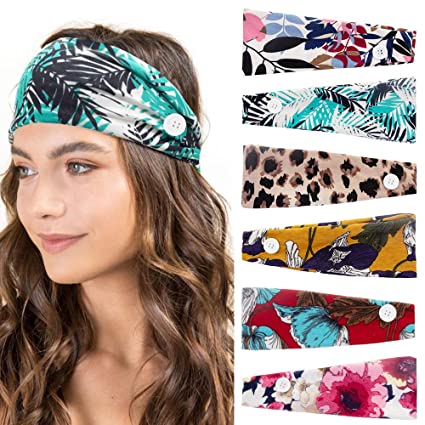 fani 6Pcs Mask Holding Buttons Headband, Protect Ears Stretchy Headbands Floral Leaf Pattern and Leopard Print Fashion Headband with Buttons, Yoga Sports Headwear Suitable for Women and Doctor Nurse