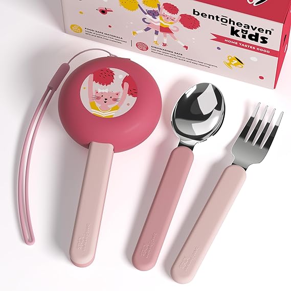 Bentoheaven Kids Travel Utensils with Case, Food-Grade Stainless Steel & BPA-Free Plastic, Travel Kid Cutlery Set, Dishwasher Safe Fork, Spoon & Case, Reusable Flatware, Silverware for Kids (Cats)