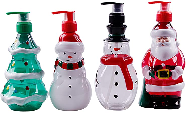 Christmas Theme Dispenser Bottle Soap Dispenser, Shampoo Dispenser, Lotion Containers, Santa Claus, Snowman, Christmas Tree Shaped Plastic Pump Bottle, 11 Fluid OZ, 7 Inches High, 4 Pack