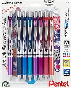 EnerGel RTX Retractable Liquid Gel Pen, Creator Expressions Pack, 0.7mm, Metal Tip, Medium Line, Assorted Ink, Pack of 8 Pens (BL77XRIGBP8M)