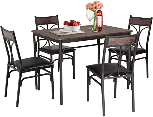 VECELO 5 Piece Kitchen Table Set for Dining Room,Dinette,Breakfast Nook,Industrial Style 4, Retro BRN