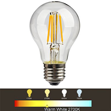 Leadleds A19 4W LED Filament Bulb Edison Style Light Bulb, UL Listed 40W Equivalent E26 Medium Base Soft White 2700K, A1904D