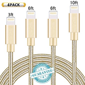 DANTENG Lightning Cable 4Pack 3FT 6FT 6FT 10FT Nylon Braided Certified iPhone Cable USB Cord Charging Charger for Apple iPhone 7, 7 Plus, 6, 6s, 6 , 5, 5c, 5s, SE, iPad, iPod Nano, iPod Touch (Gold)