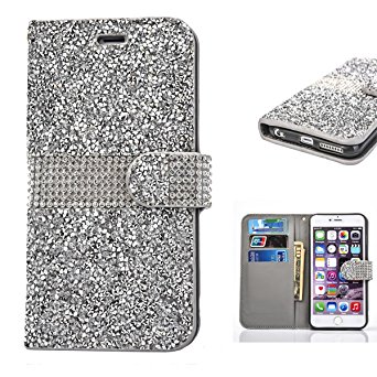 Iphone 6s plus wallet case, 3D Bling Jelly Rhinestone PU Leather Wallet Flip Protective Skin Case with Magnetic Bling Button Closure Perfect Fit for Apple Iphone 6/6s Plus 5.5 inch Silver