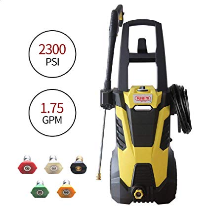 Realm BY02-BCMH Electric Pressure Washer, 2300 PSI, 1.75 GPM with Spray Gun, 5 Spray Tips, Built-in Soap Dispenser, 14.5 Amp, Yellow/Black