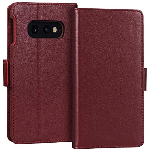 FYY Samsung Galaxy S10e 5.8" Luxury [Cowhide Genuine Leather][RFID Blocking] Handcrafted Wallet Case, Handmade Flip Folio Case with [Kickstand Function] and[Card Slots] for Galaxy S10e (5.8") Wine Red