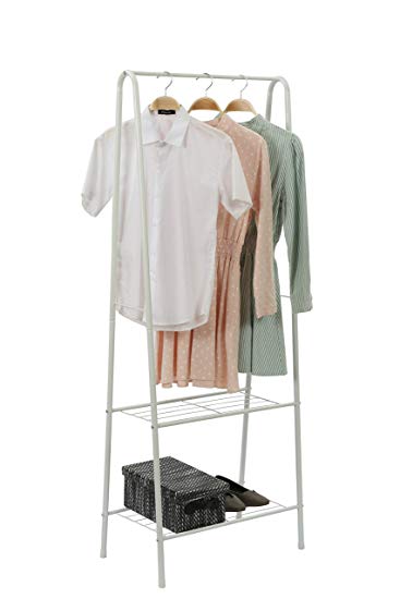 Homebi Garment Rack Metal Clothing Rack Coat Organizer Laundry Closet Storage Entrway Shelving Unit with Hanger and 2-Tier Durable Shelf for Shoes Clothes Storage in White, 24.0”Wx15.2”Dx63”H