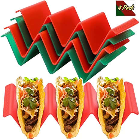 Colorful Taco Holder Stands Set of 4 - Premium Large Taco Tray Plates Holds Up to 3 or 2 Tacos Each, Non Toxic BPA Free Health Material Very Hard and Sturdy, Microwave Dishwasher Safe