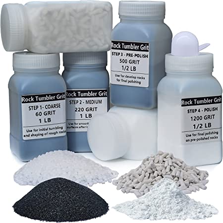 4.5 LBS Rock Tumbler Grit Media Complete Kit -Inculde 4 Steps Grits   Plastic Pellets   Ceramic Filler Media, Compatible with Any Brand Tumbler, Rock Polish Tumbling Supplies Set - Stone Polishers