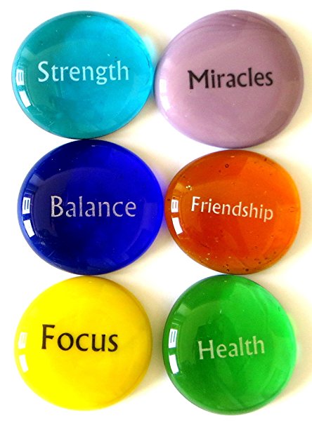 Focus Stones, 6 Inspiring, Encouraging and Motivating Single Words Imprinted on Glass Stones. By Lifeforce Glass, Inc. Set III.
