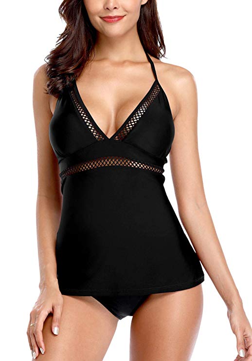 ATTRACO Women's Ruched Solid Two-Piece Swimsuit Tankini Set Swimwear