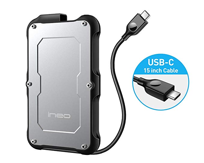 ineo USB C 3.1 Gen 2 Type-C Aluminum Cover IP66 Rugged Waterproof & Shockproof External Hard Drive Enclosure Case For Drone Footage with 2.5 inch SATA HDD SSD Caddy (MIL-STD 810G Certified) [C2580]
