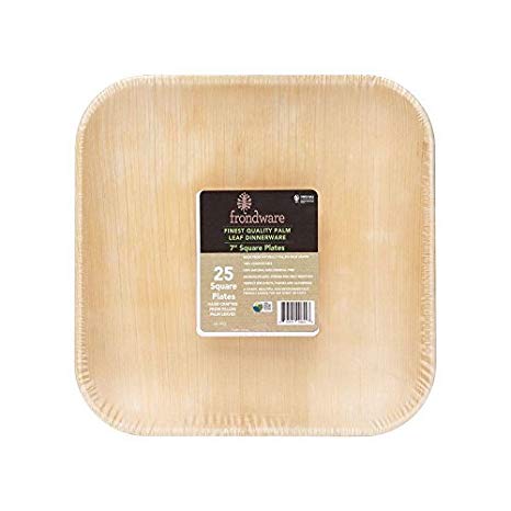 Frondware 7" All-Natural Palm Leaf Square Disposable Plates - Set of 25 - Elegant Wedding Dinnerware - Heavy Duty, Sturdy Party Plates - Compostable - Biodegradable - USDA Certified Biobased Product